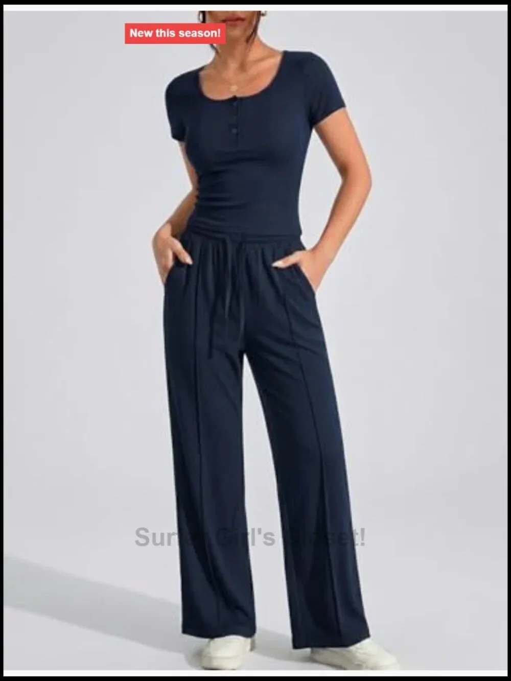 2 Piece Set Square Neck Henley Top and Wide Leg Pants Lounge Outfit with Pockets